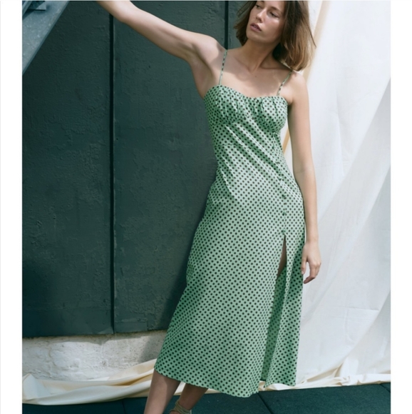 ZARA Linen Blend Polka Dot Turquoise Dress NWT Size Small - Picture 3 of 10